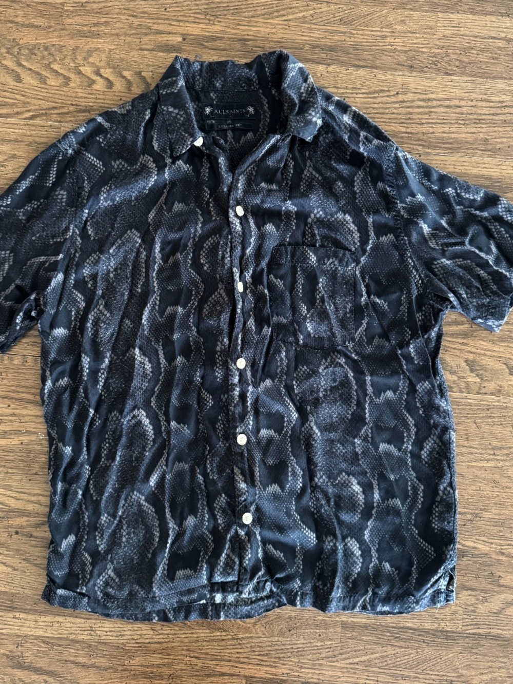 Allsaints Shredded Python Print Relaxed Fit Button Down Camp Shirt - Black - S